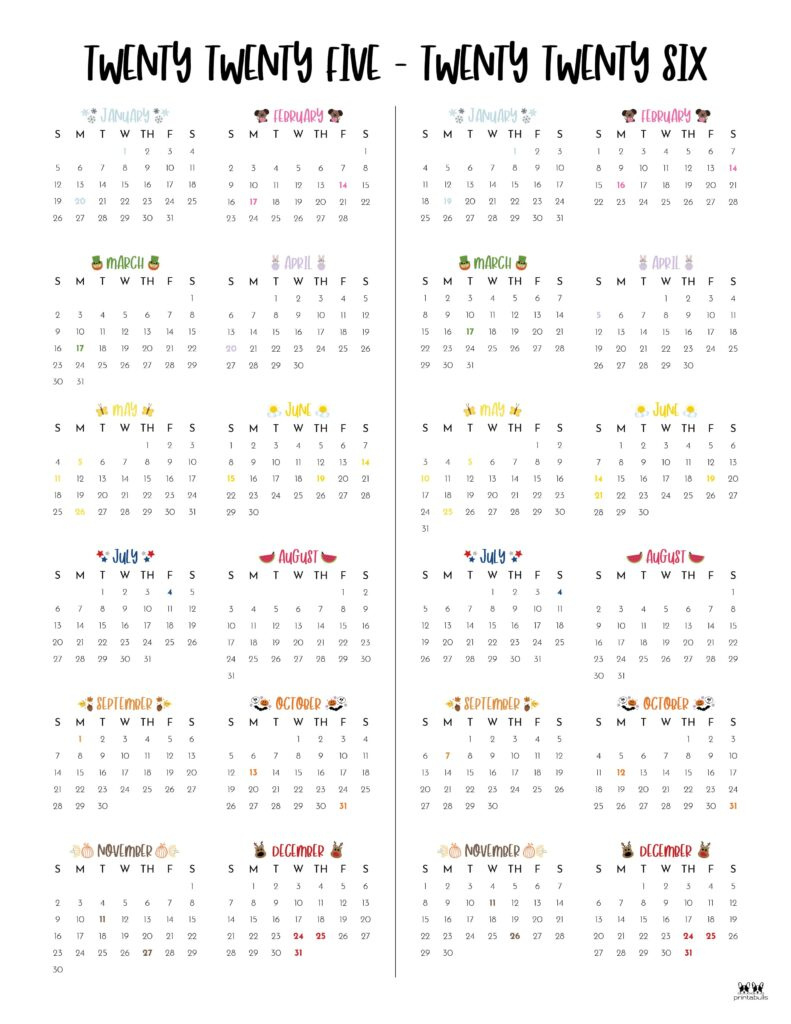 2025-2026 Two Year Calendars - 10 Free Cals | Printabulls throughout Free Printable Calendar August 2025 - June 2026