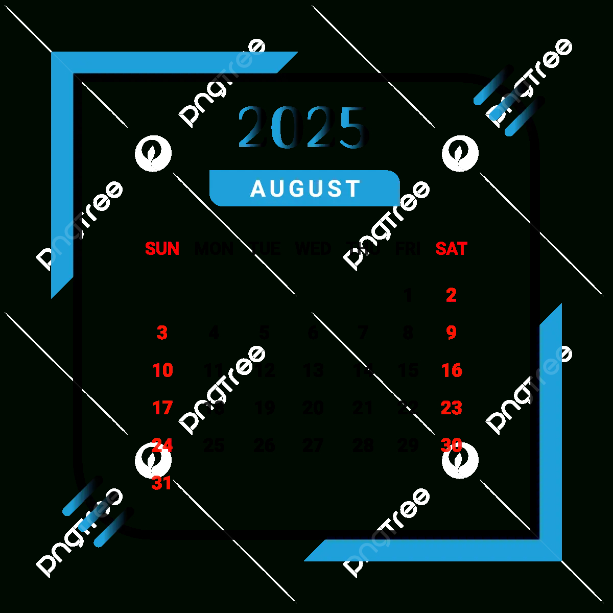 2025 August Month Calendar With Black And Skyblue Vector, Monthly intended for August 2025 Calendar Png