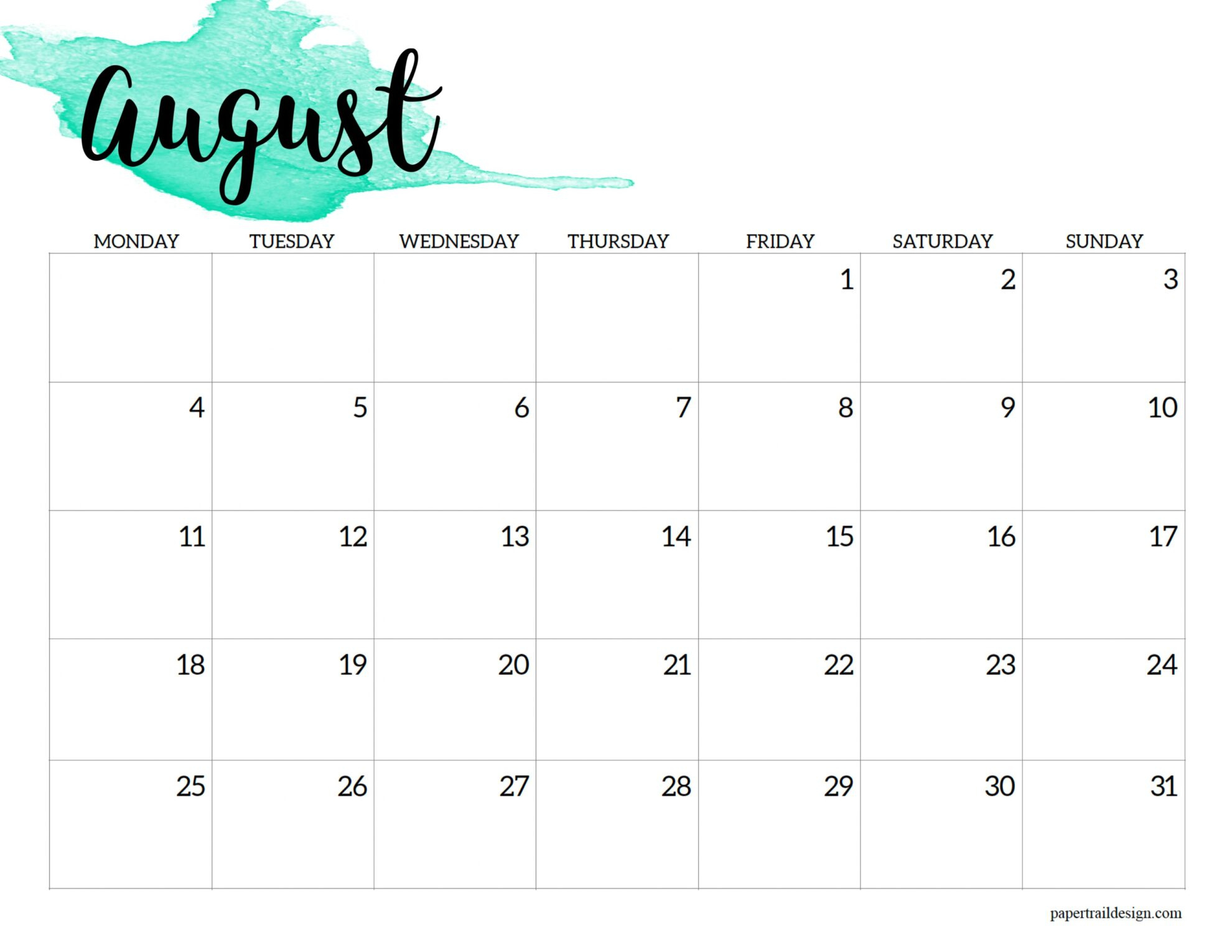 2025 Monday Start Calendar Printable - Watercolor - Paper Trail Design intended for August 2025 Calendar Monday Start