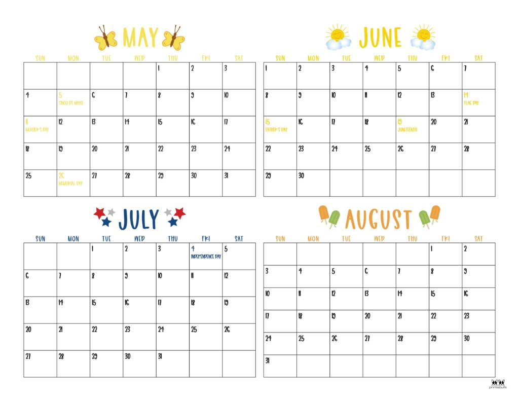 2025 Summer Calendars - 27 Free Printables | Printabulls with regard to May August 2025 Calendar