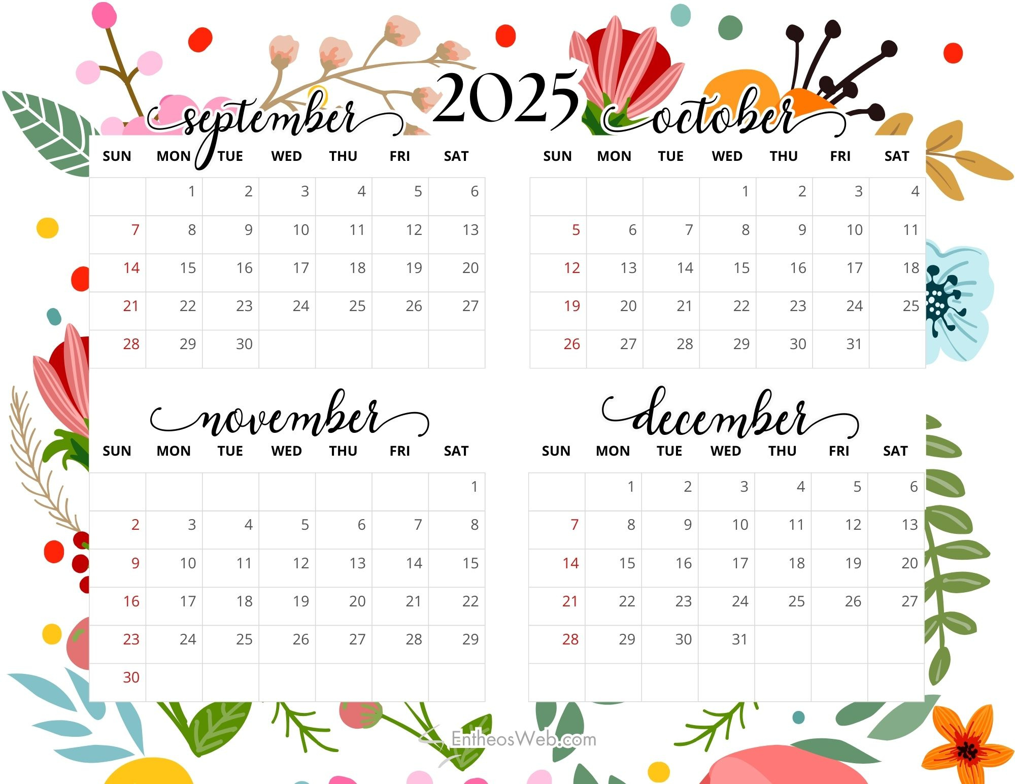 4 Month Calendar Printables – September, October, November And in August September October November December 2025 Calendar