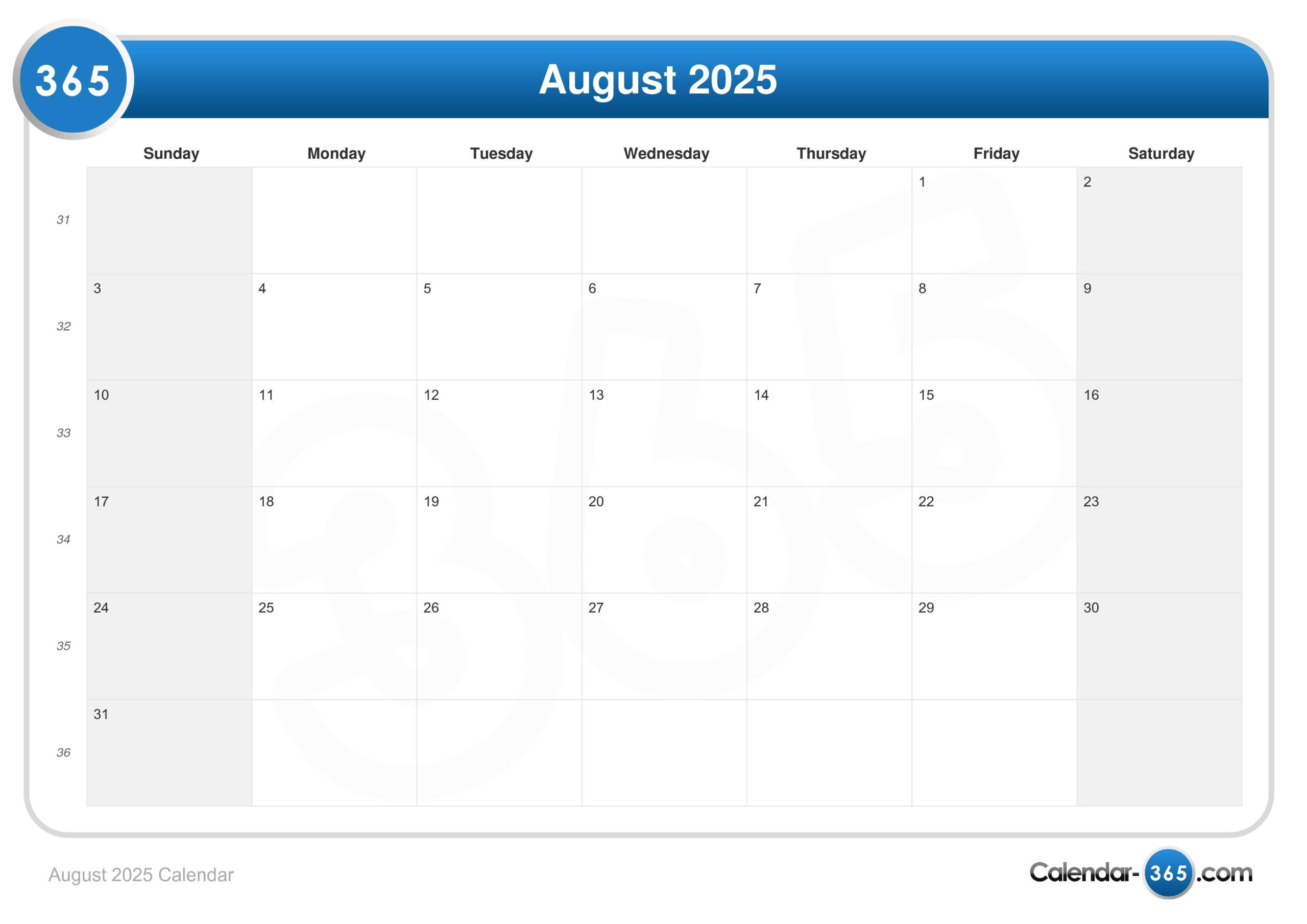 August 2025 Calendar for Show Me a Calendar of August 2025