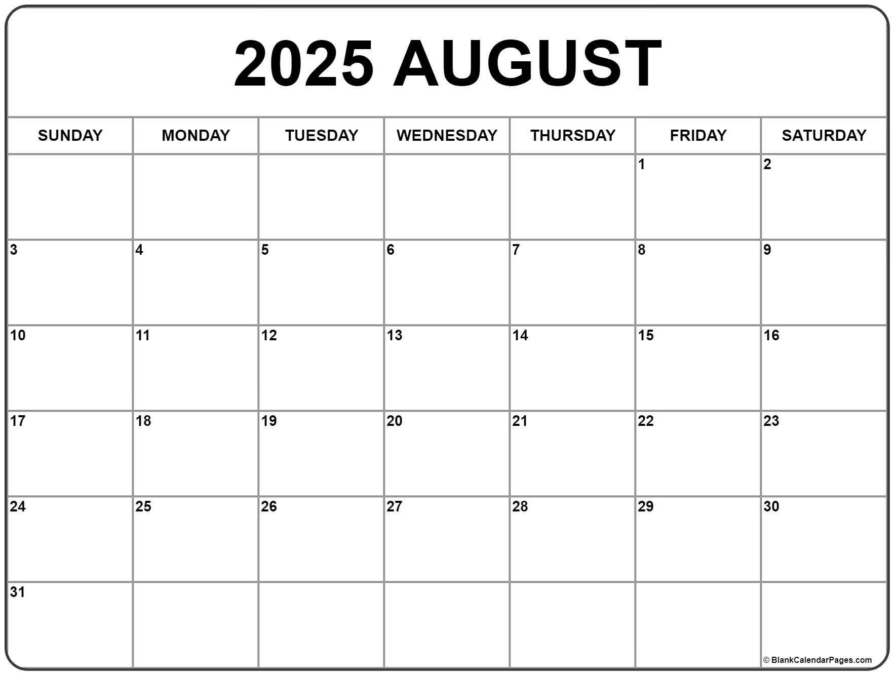 August 2025 Calendar | Free Printable Calendars within August 2025 Blank Calendar