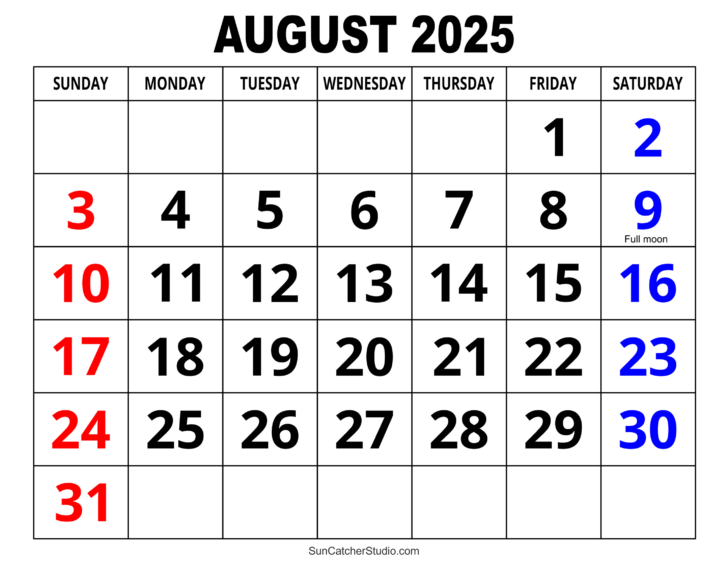 Large August 2025 Calendar Printable