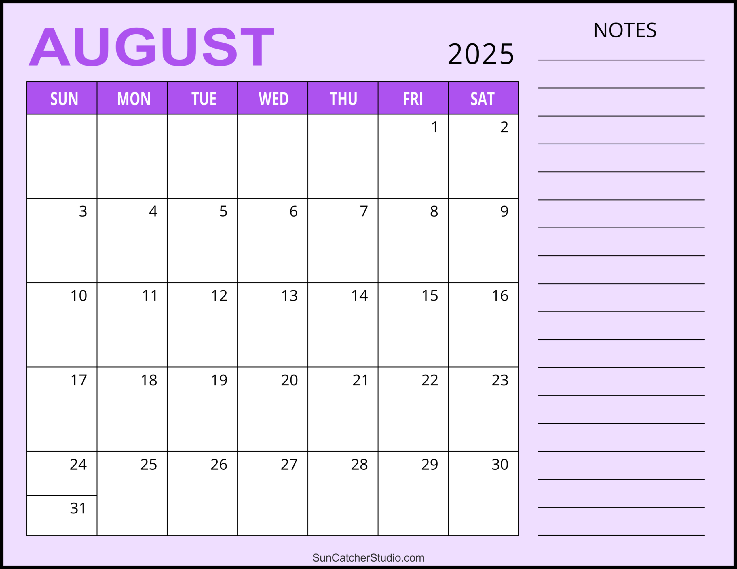 August 2025 Calendar (Free Printable) – Free Printables, Monograms with August 2025 Calendar with Notes
