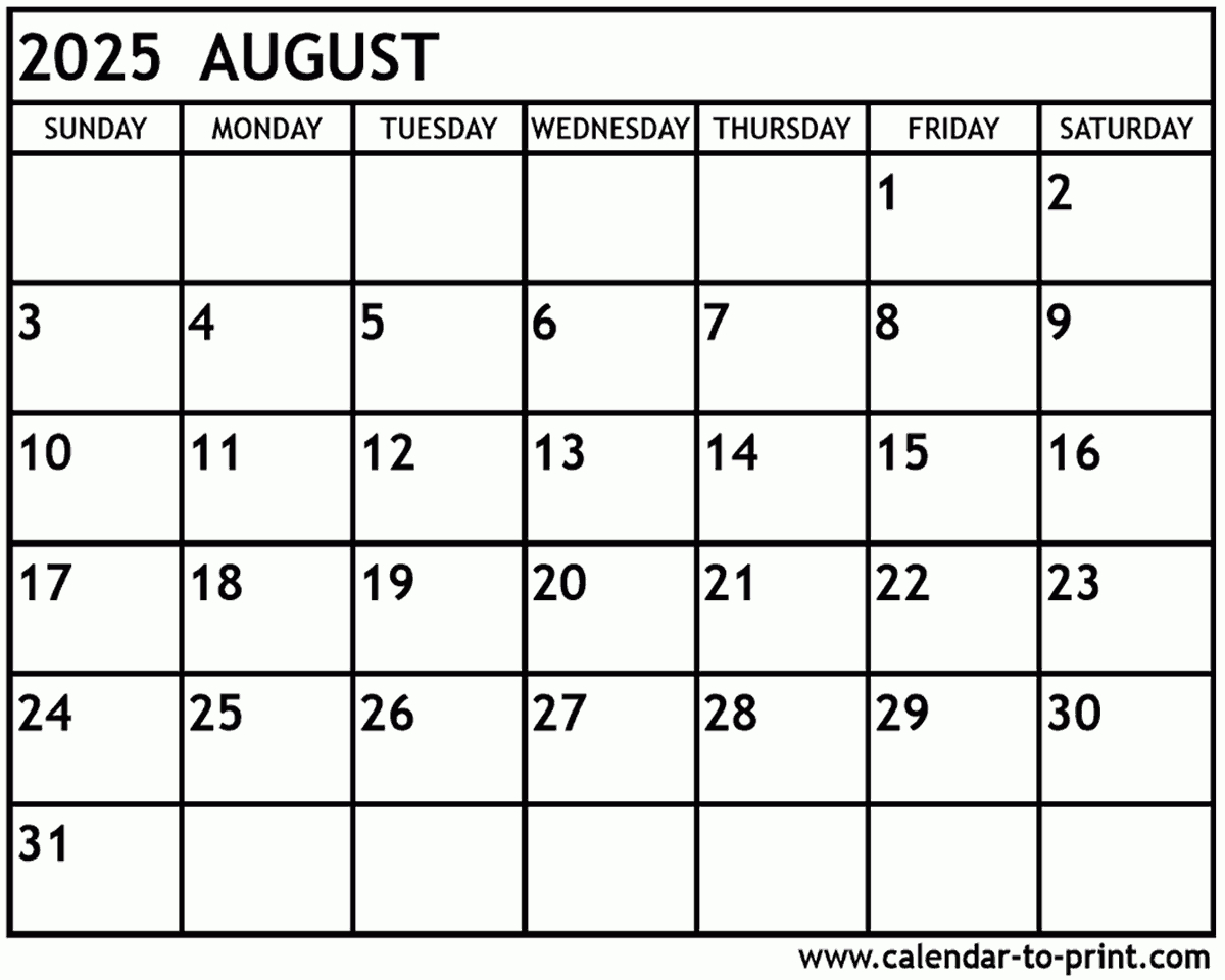 August 2025 Calendar Printable intended for August Calender 2025 Printable