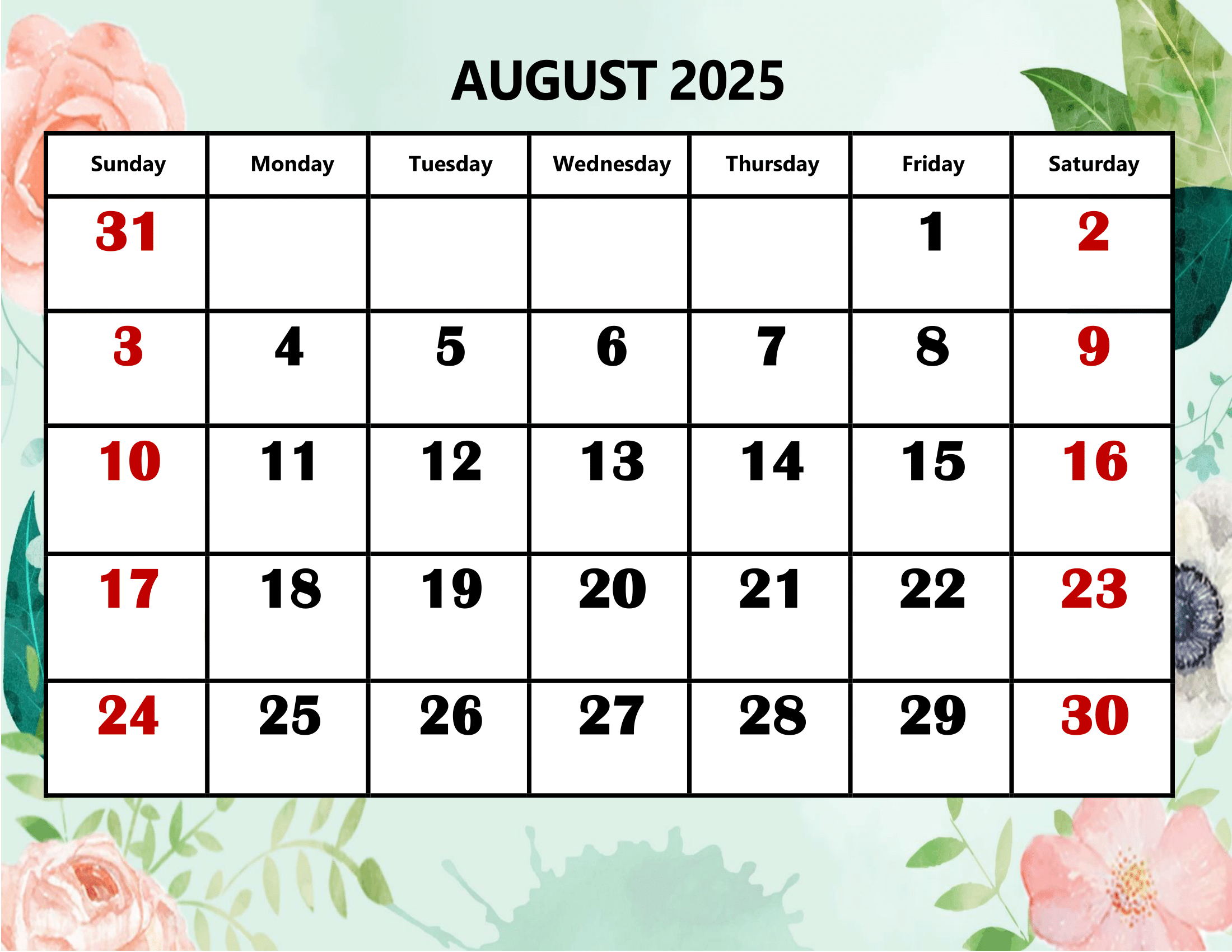 August 2025 Calendar Printable Pdf Template With Holidays in August 2025 Calendar Printable with Holidays