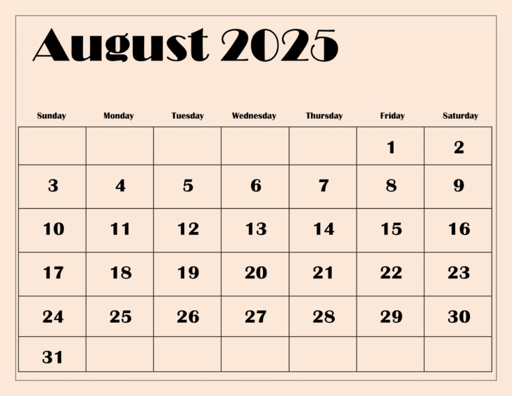 Calendar of August 2025