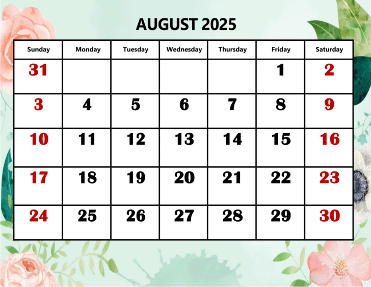 August 2025 Calendar with Holidays Printable