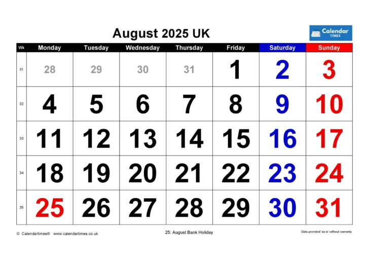 Holiday Calendar For August 2025