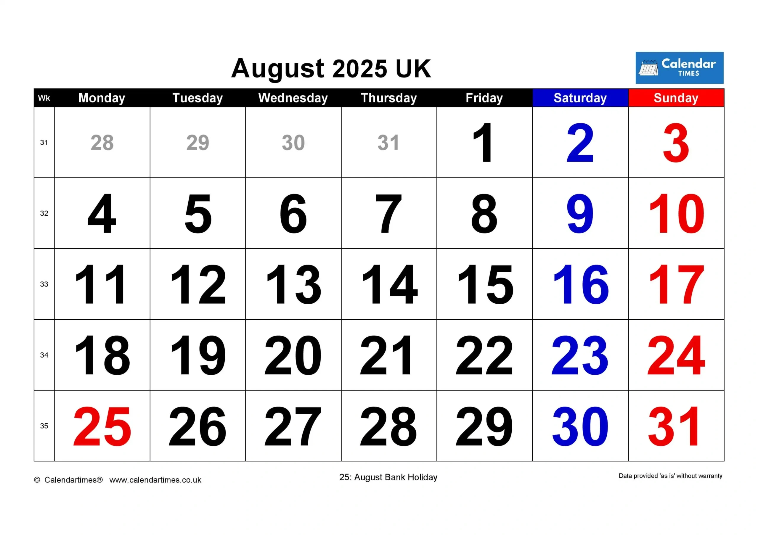 August 2025 Calendar Printable Uk - Free Templates &amp;amp; More for Holiday Calendar For August 2025