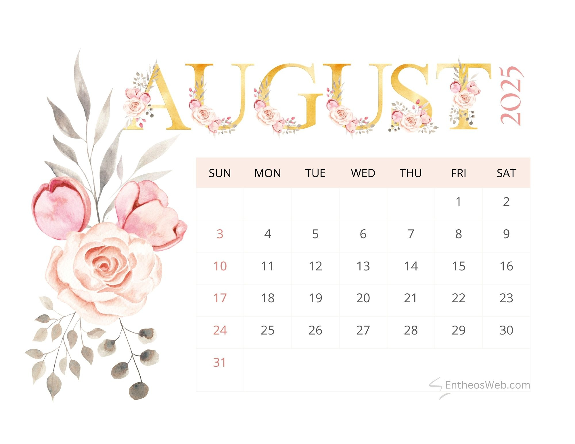 August 2025 Calendar Printables | Entheosweb for August Desktop Calendar 2025
