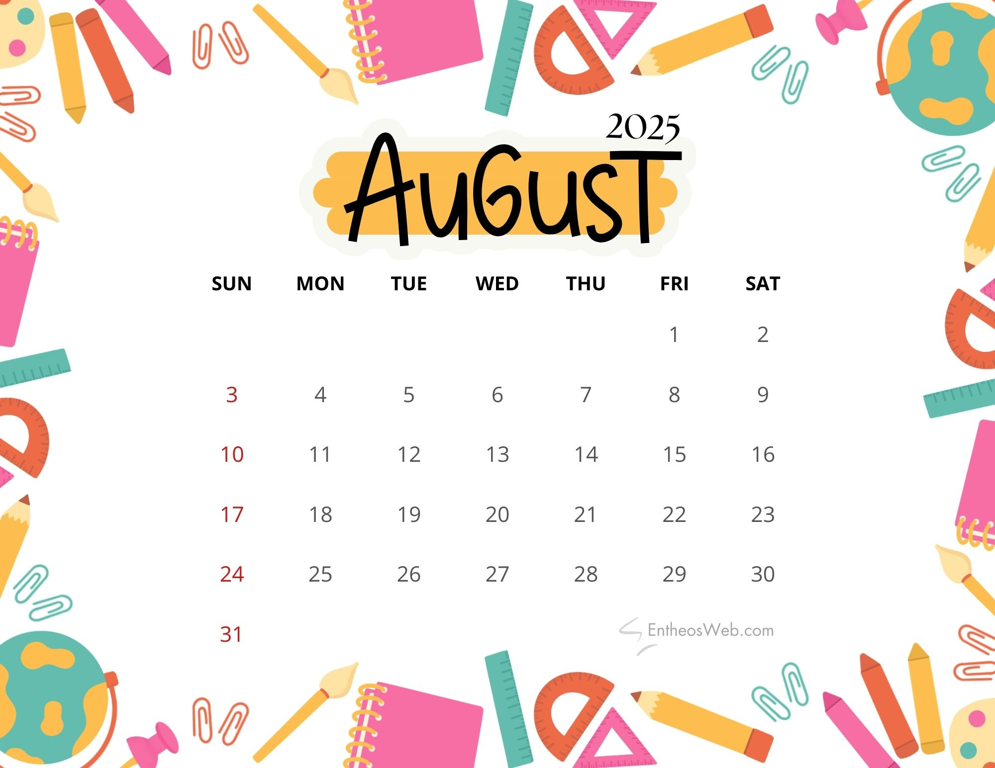 August 2025 Calendar Printables | Entheosweb for Cute August 2025 Calendar