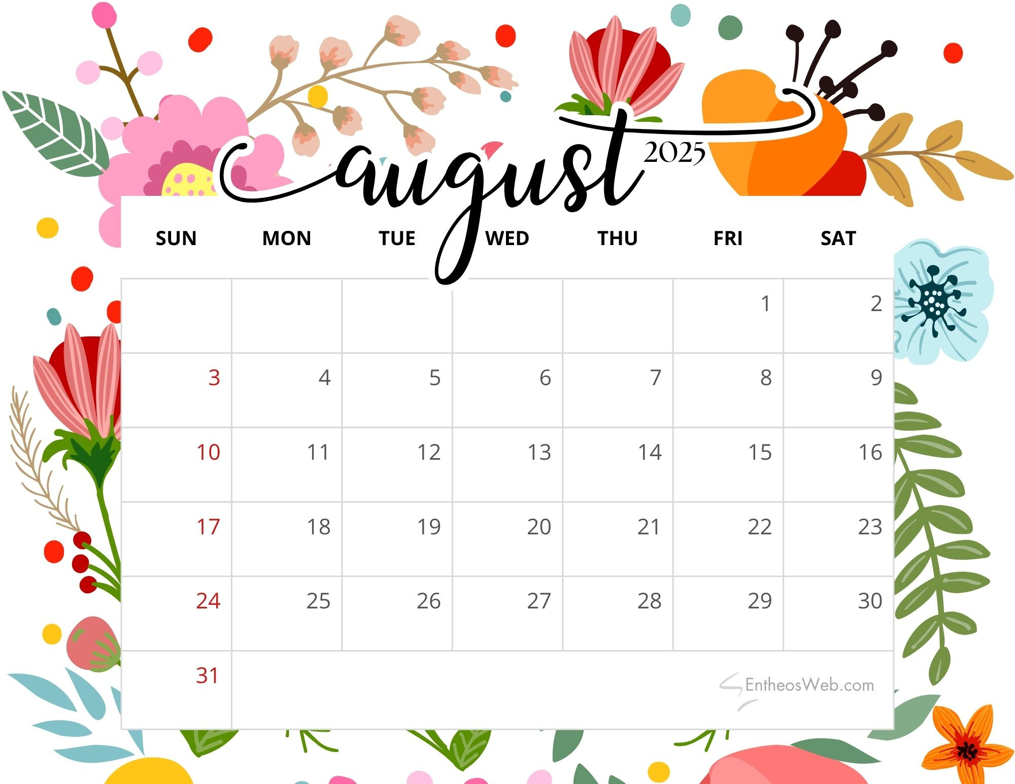 August 2025 Calendar Printables | Entheosweb intended for August Calender 2025 Printable