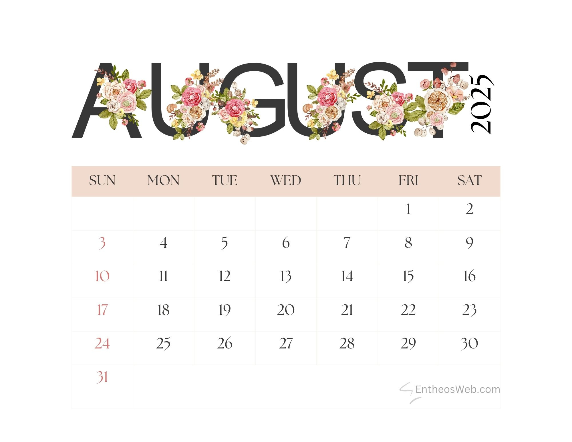 August 2025 Calendar Printables | Entheosweb regarding August 2025 Desktop Calendar