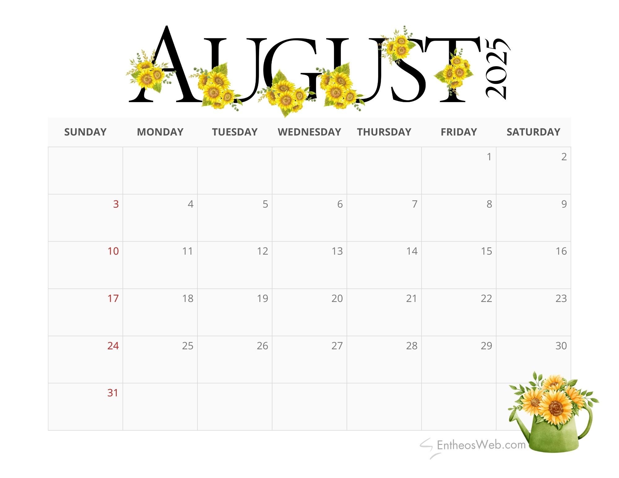 August 2025 Calendar Printables | Entheosweb throughout August 2025 Calendar Decoration Ideas