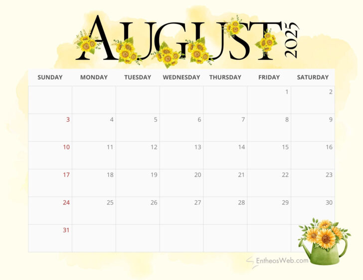 August Calendar 2025 Free Printable