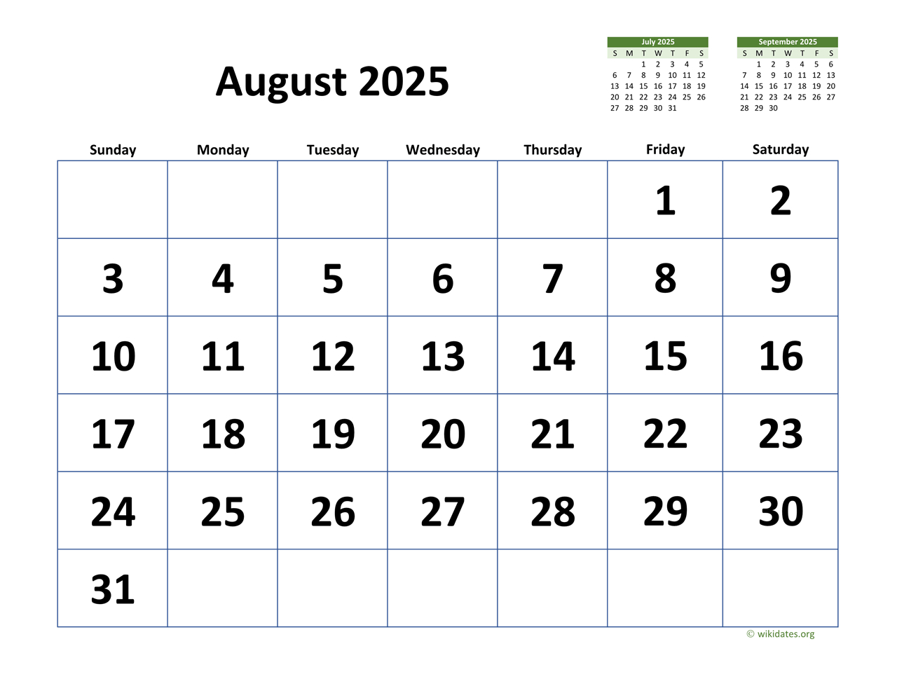 August 2025 Calendar With Extra-Large Dates | Wikidates regarding August 22 2025 Calendar