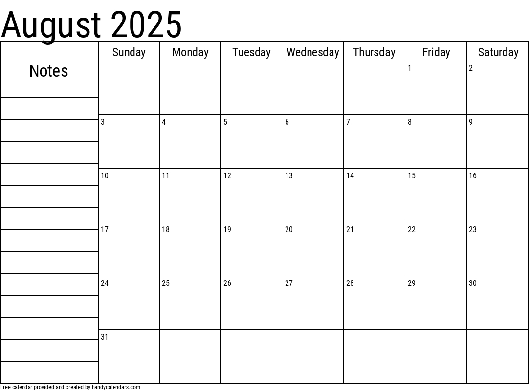 August 2025 Calendar With Notes - Handy Calendars inside August 2025 Calendar With Notes