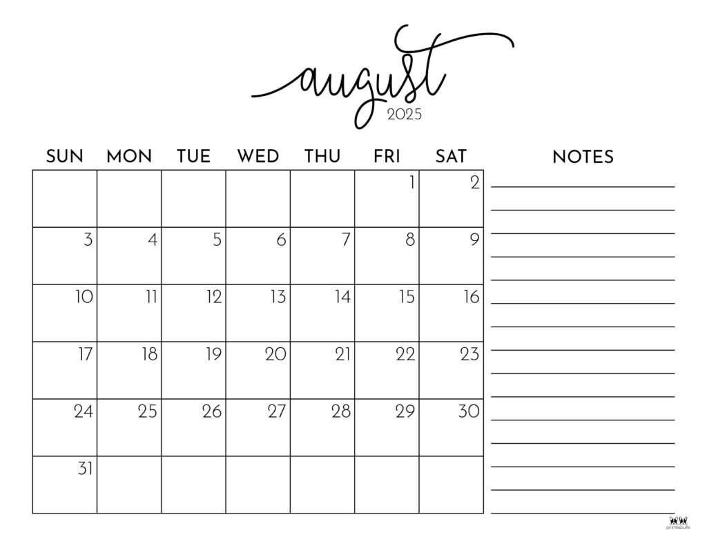 August 2025 Calendars - 107 Free Printables | Printabulls inside August 2025 Calendar with Lines