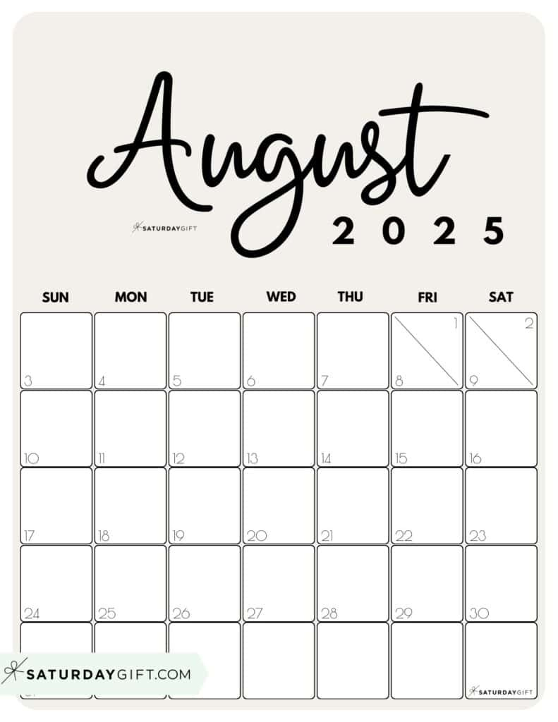 August 2025 Calendars - 23 Cute Free Printable Pdfs | Saturdaygift in August 2025 Vertical Calendar