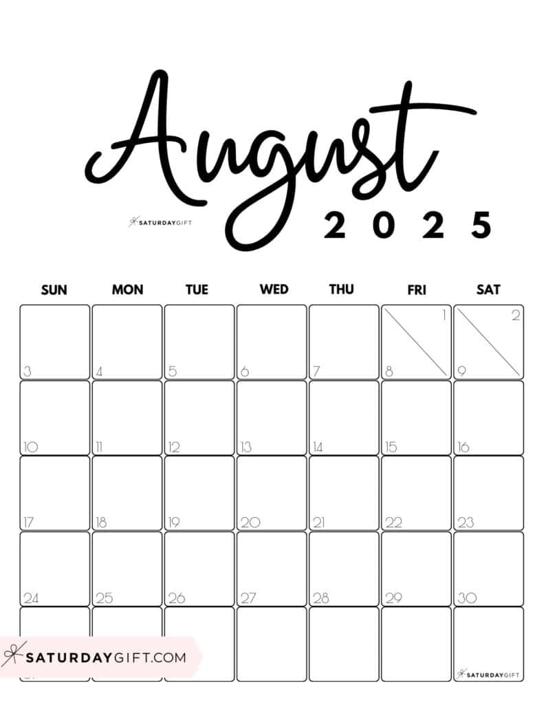 August 2025 Calendars - 23 Cute Free Printable Pdfs | Saturdaygift throughout August 2025 Calendar Printable Portrait