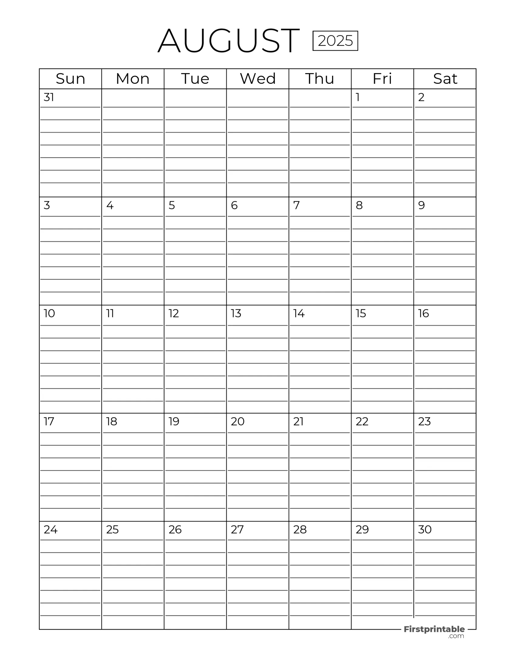 August 2025 Calendars - Free Printable &amp;amp; Fillable in August 2025 Calendar with Lines