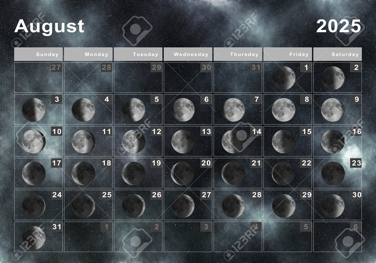 August 2025 Lunar Calendar, Moon Cycles, Moon Phases Stock Photo for August Moon Phase Calendar 2025