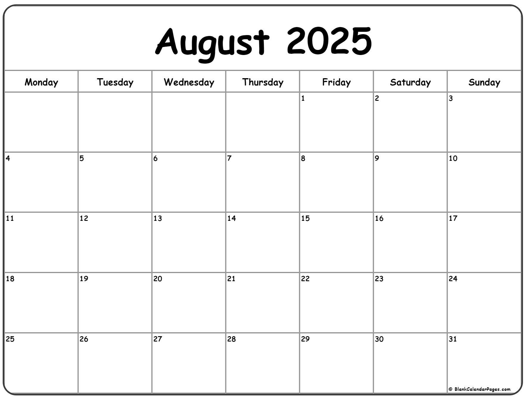 August 2025 Monday Calendar | Monday To Sunday in August 2025 Calendar Monday Start