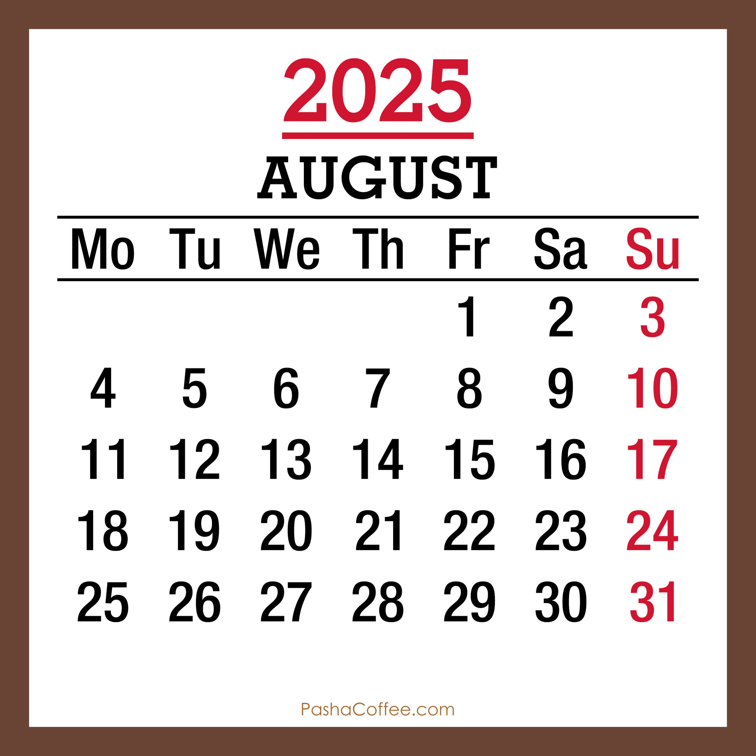 August 2025 Monthly Calendar, Printable Free, Brown, Monday Start regarding August 2025 Calendar Monday Start