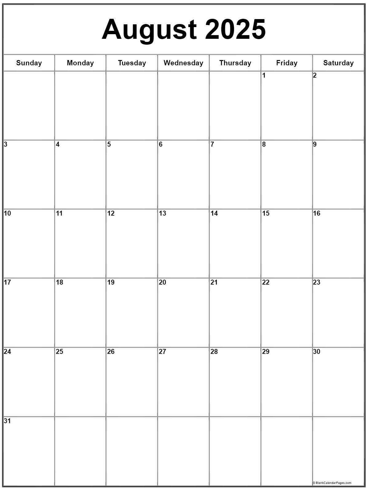 August 2025 Vertical Calendar | Portrait in August 2025 Calendar Portrait
