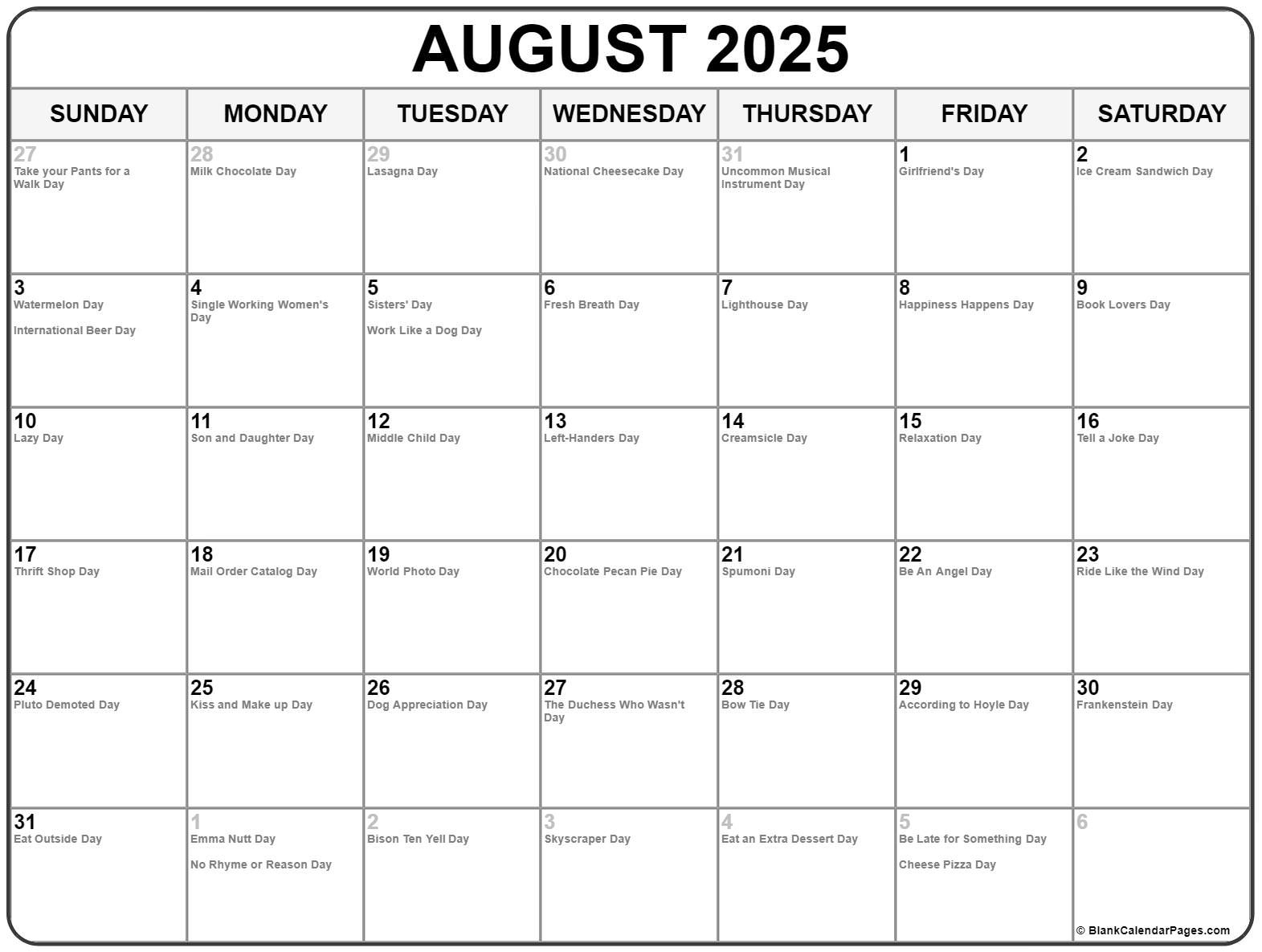August 2025 With Holidays Calendar inside National Day Calendar August 2025