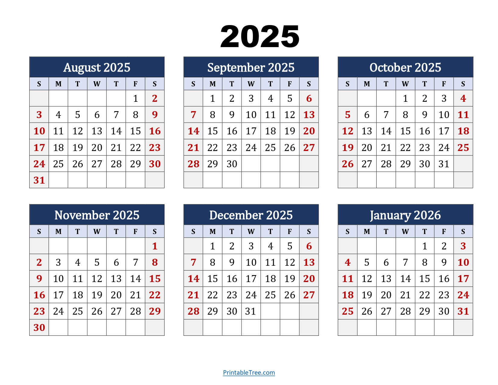 August To January 2026 Calendar Printable Pdf | Six Months Calendar regarding Calendar August 2025 To June 2026