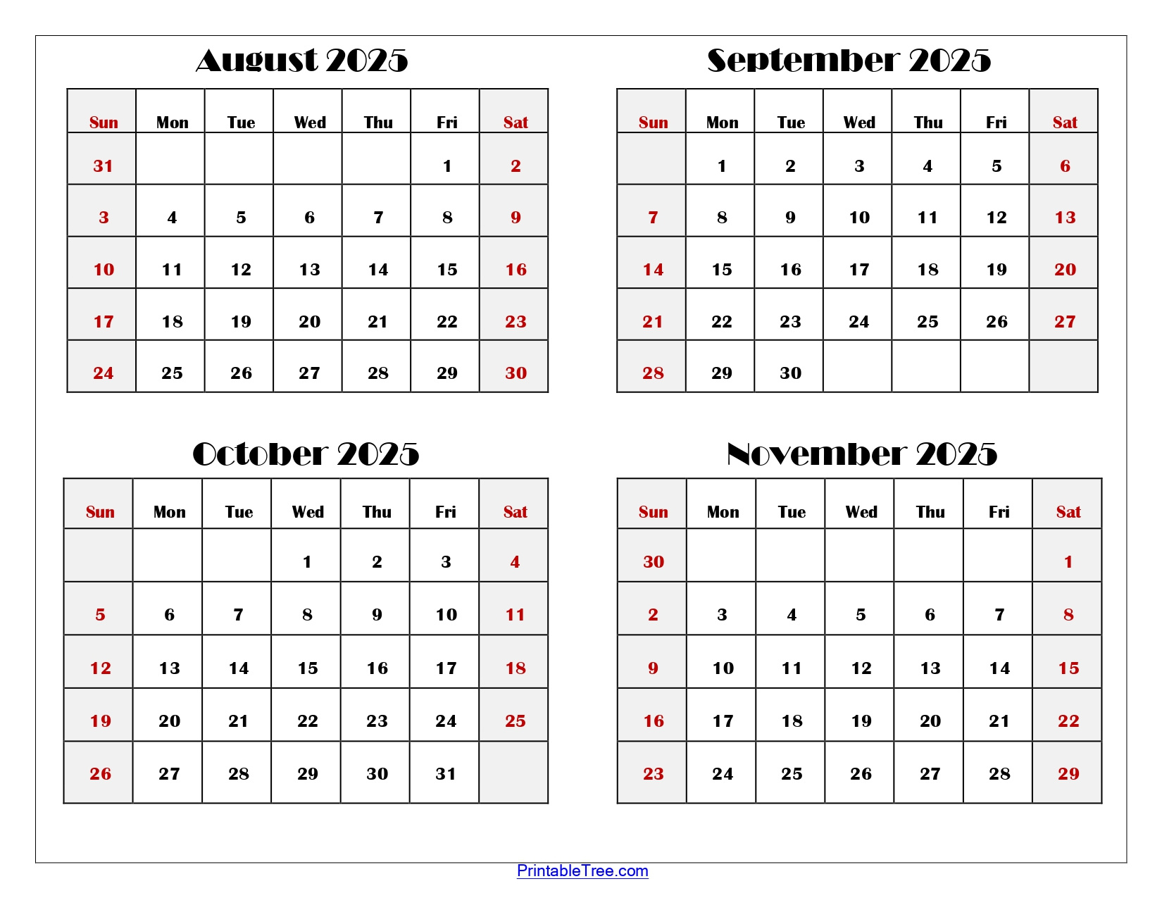 August To November 2025 Calendar Printable Pdf | Four Months Calendar throughout August To December 2025 Calendar