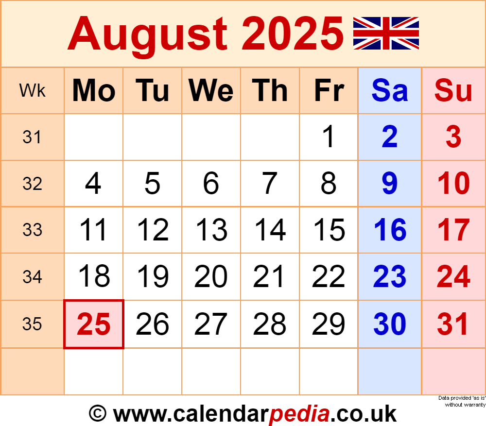 Calendar August 2025 Uk With Pdf, Excel And Word Templates intended for August 7 2025 Calendar