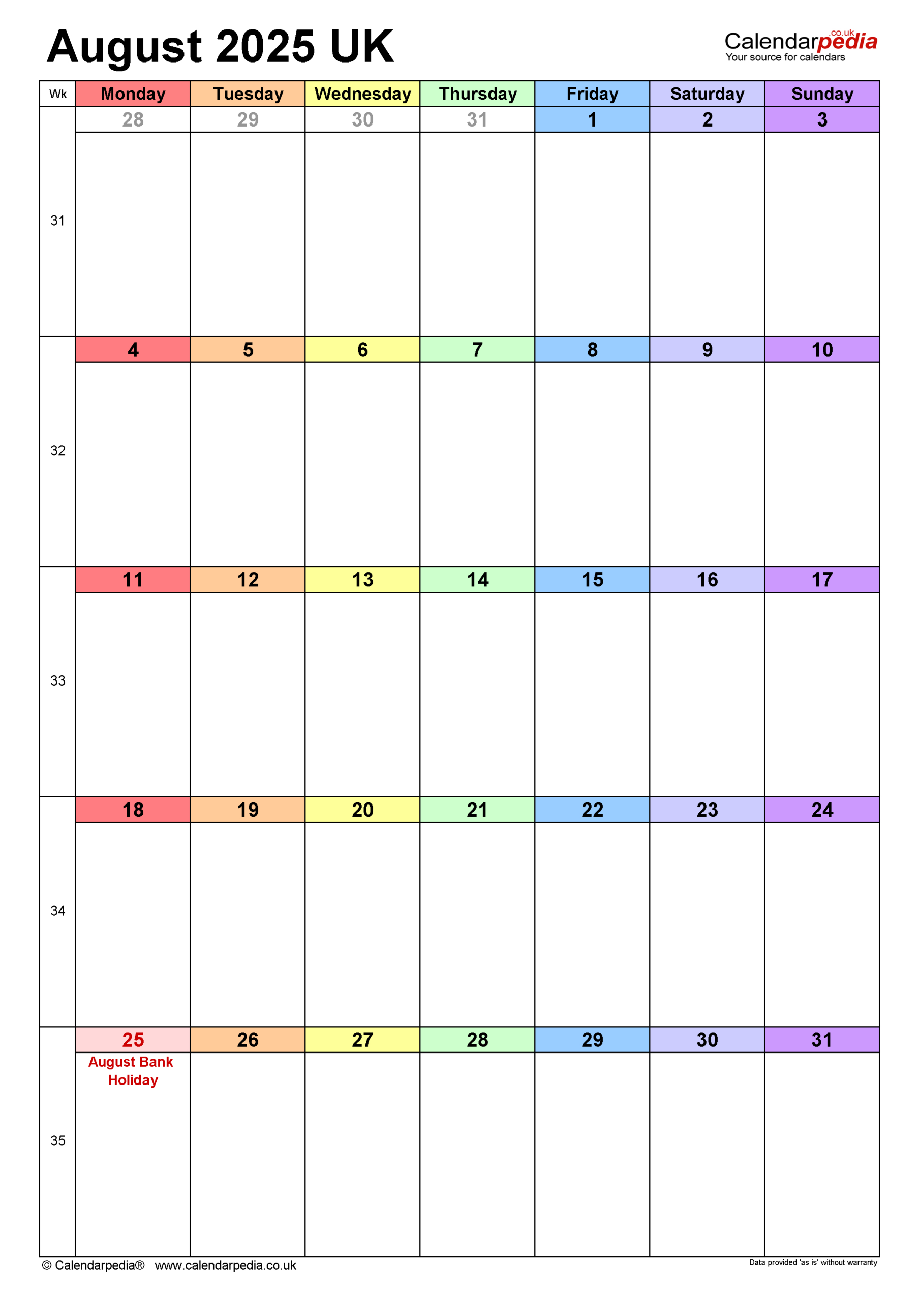 Calendar August 2025 Uk With Pdf, Excel And Word Templates throughout August 2025 Calendar Printable Word