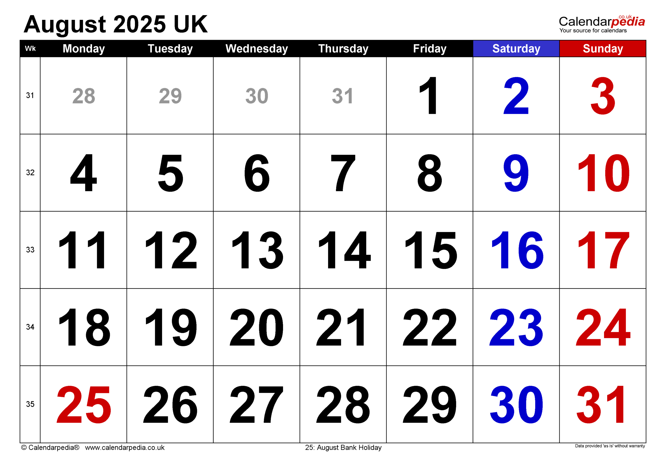 Calendar August 2025 Uk With Pdf, Excel And Word Templates throughout Calendar For August 2025