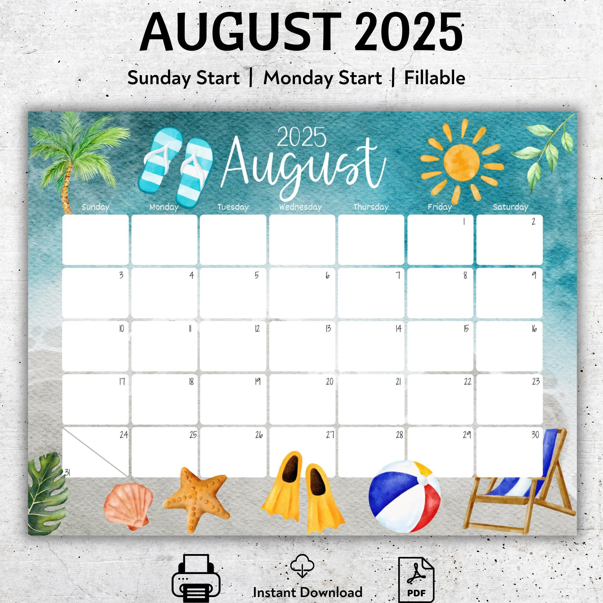 Editable August 2025 Calendar, Beautiful Summer, Beach, Sun, Flip pertaining to August 2025 Fillable Calendar