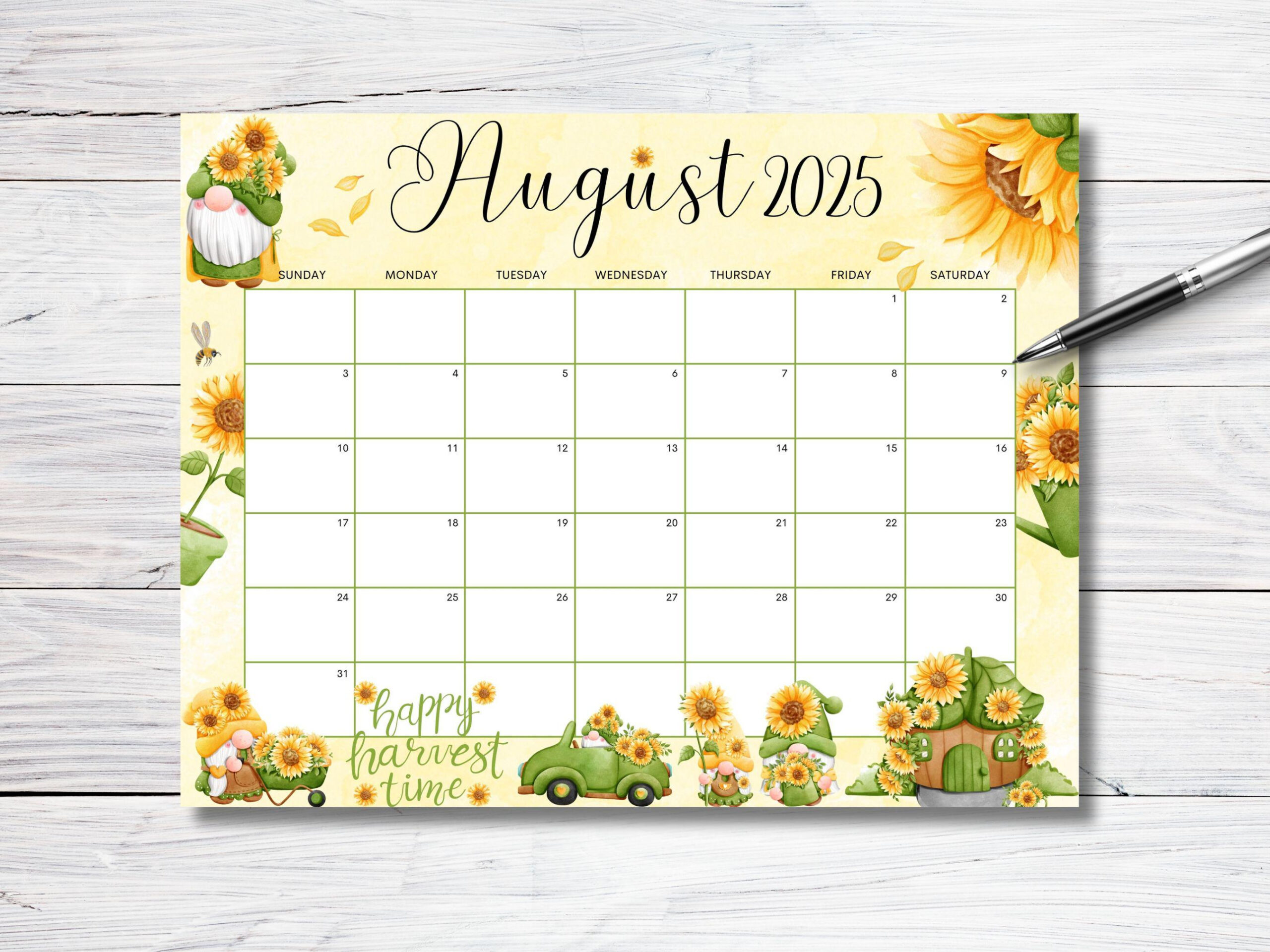 Editable August 2025 Calendar, Sunflower Gnome Garden Planner with regard to August 2025 Editable Calendar