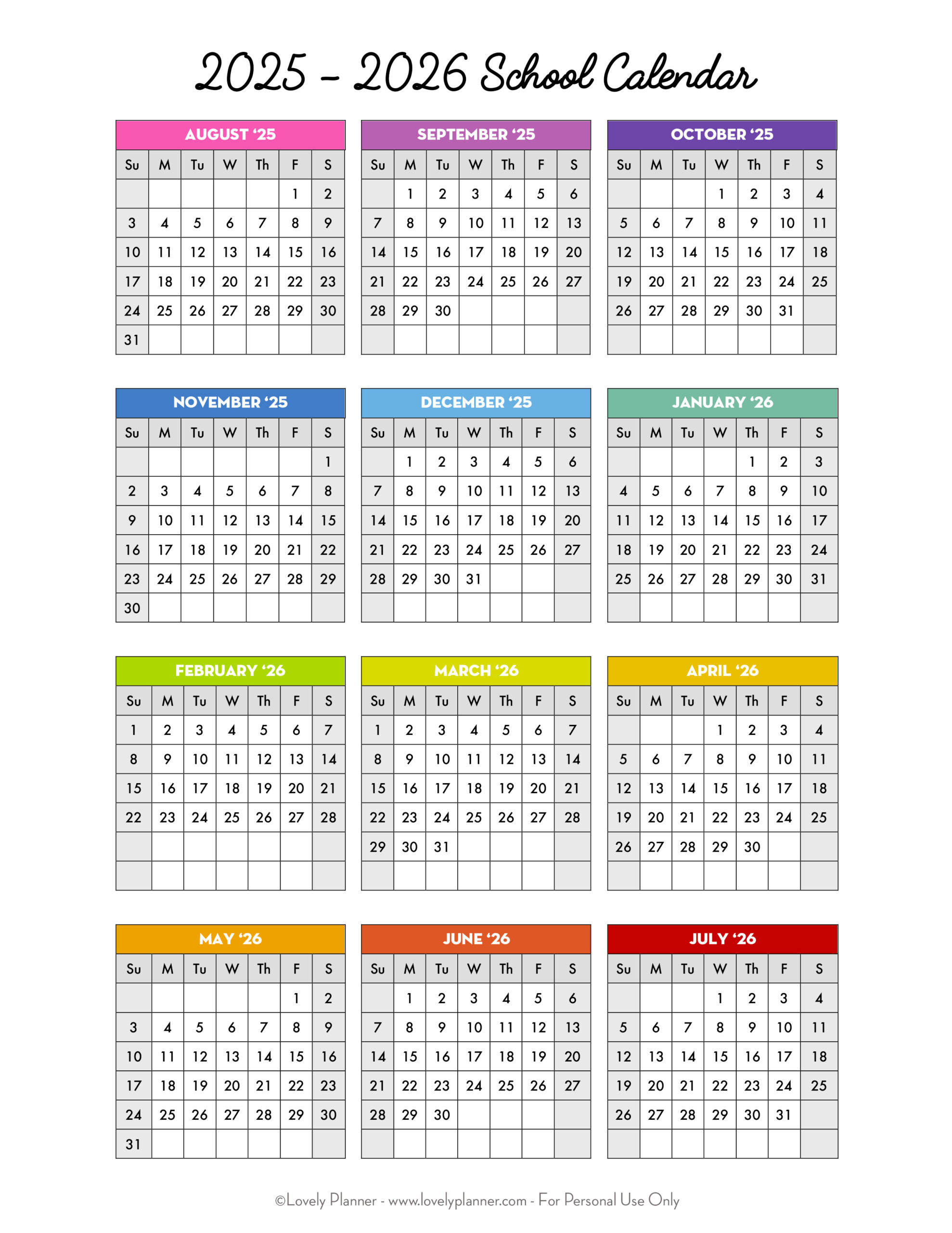 Free Printable 2025-2026 School Calendar - One Page Academic inside Printable Calendar August 2025 to June 2026