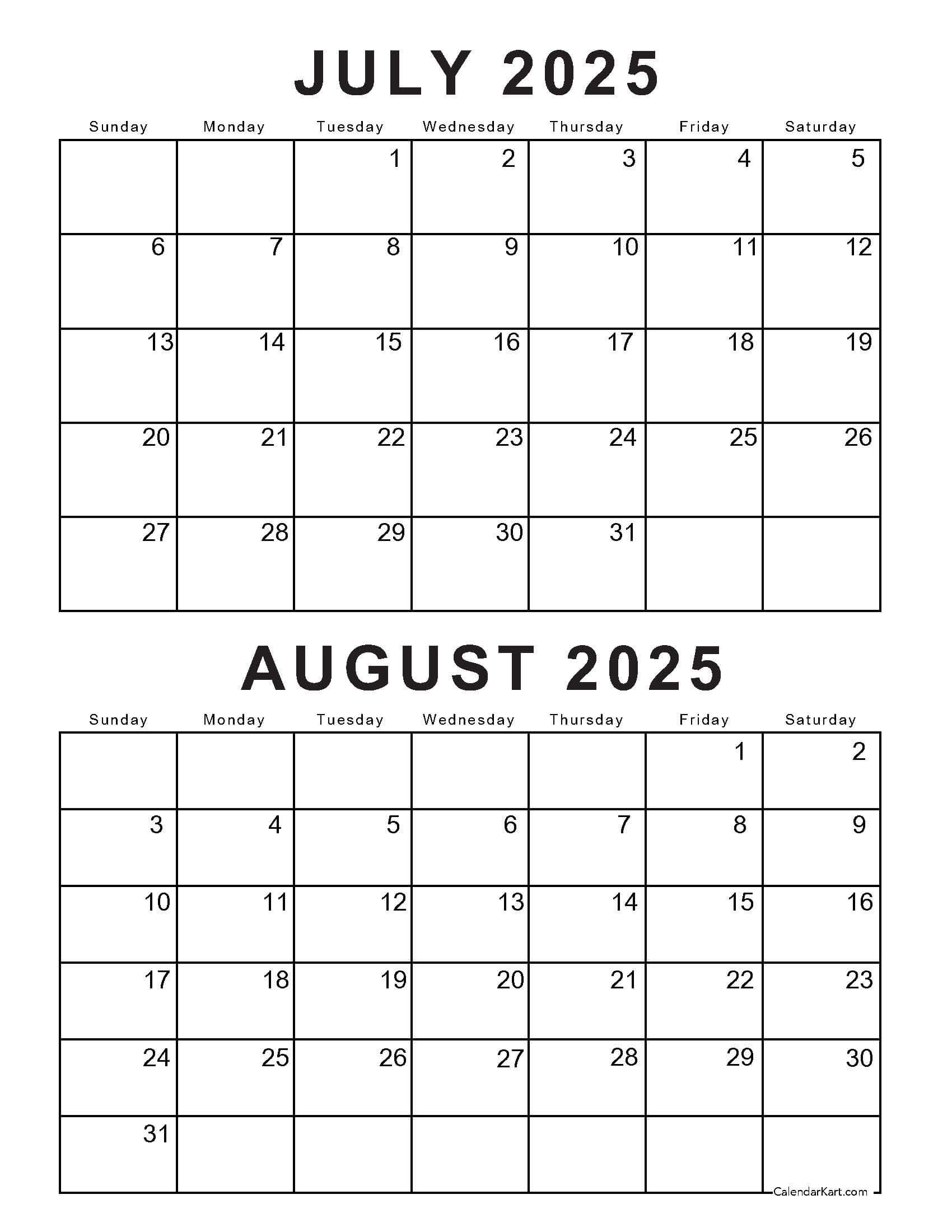 Free Printable July August 2025 Calendar | Calendarkart in August 7 2025 Calendar