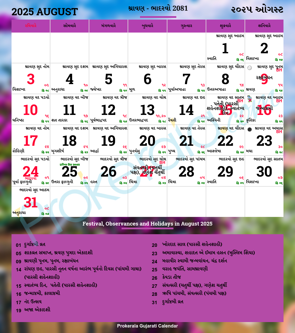 Gujarati Calendar August, 2025 | Vikram Samvat 2081, Shravana with Gujarati Calendar 2025 August