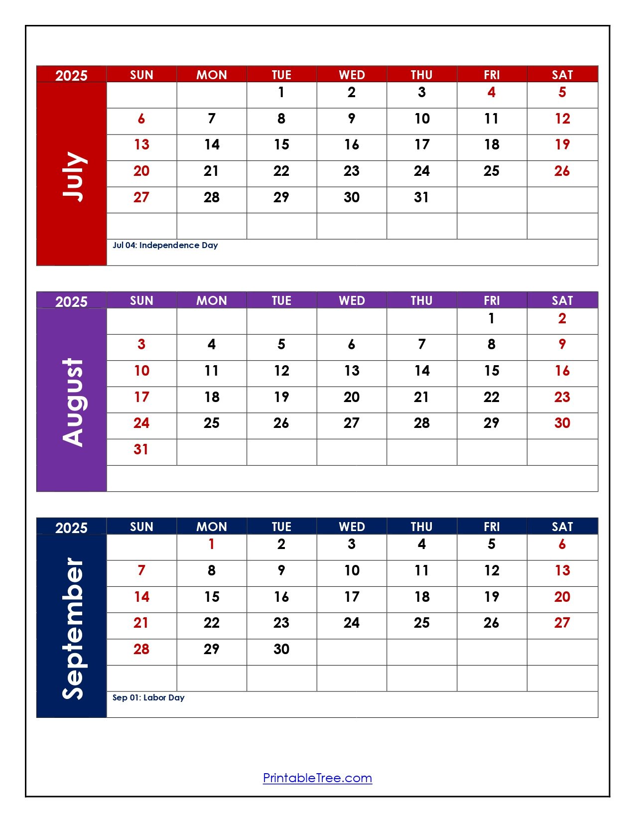 July To September 2025 Calendar Printable Pdf | Three Months Calendar for July August September Printable Calendar 2025
