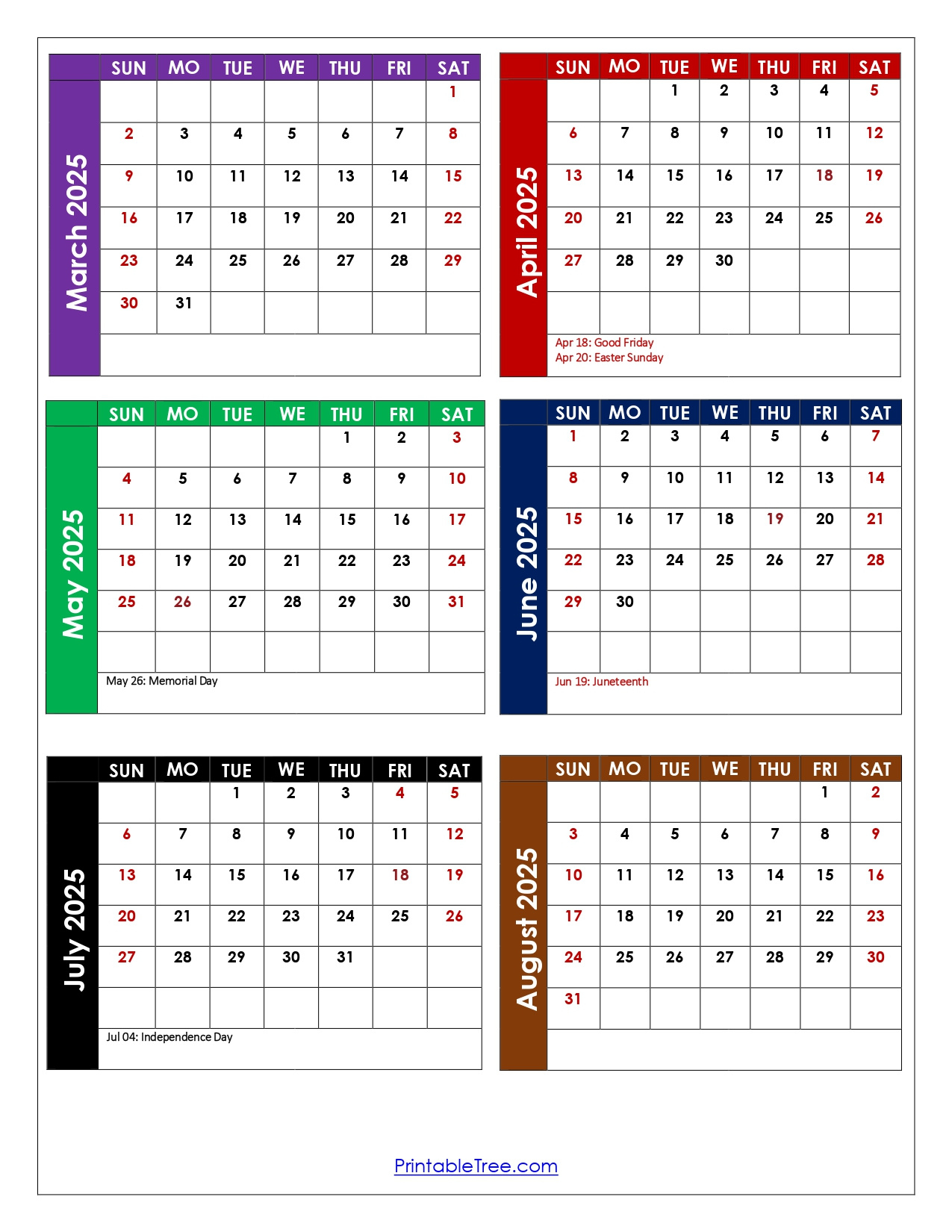 March To August 2025 Calendar Printable Pdf | Six Months Calendar for August 6 2025 Calendar
