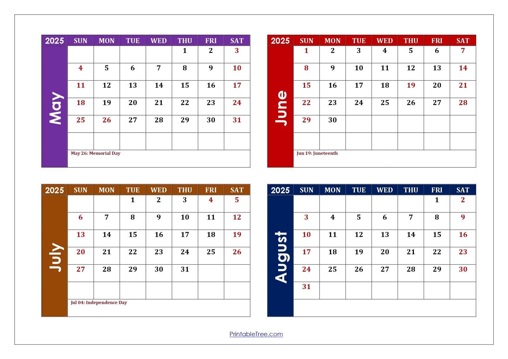 May To August 2025 Calendar Printable Pdf | Four Months Calendar for August 2025 May 2026 Calendar