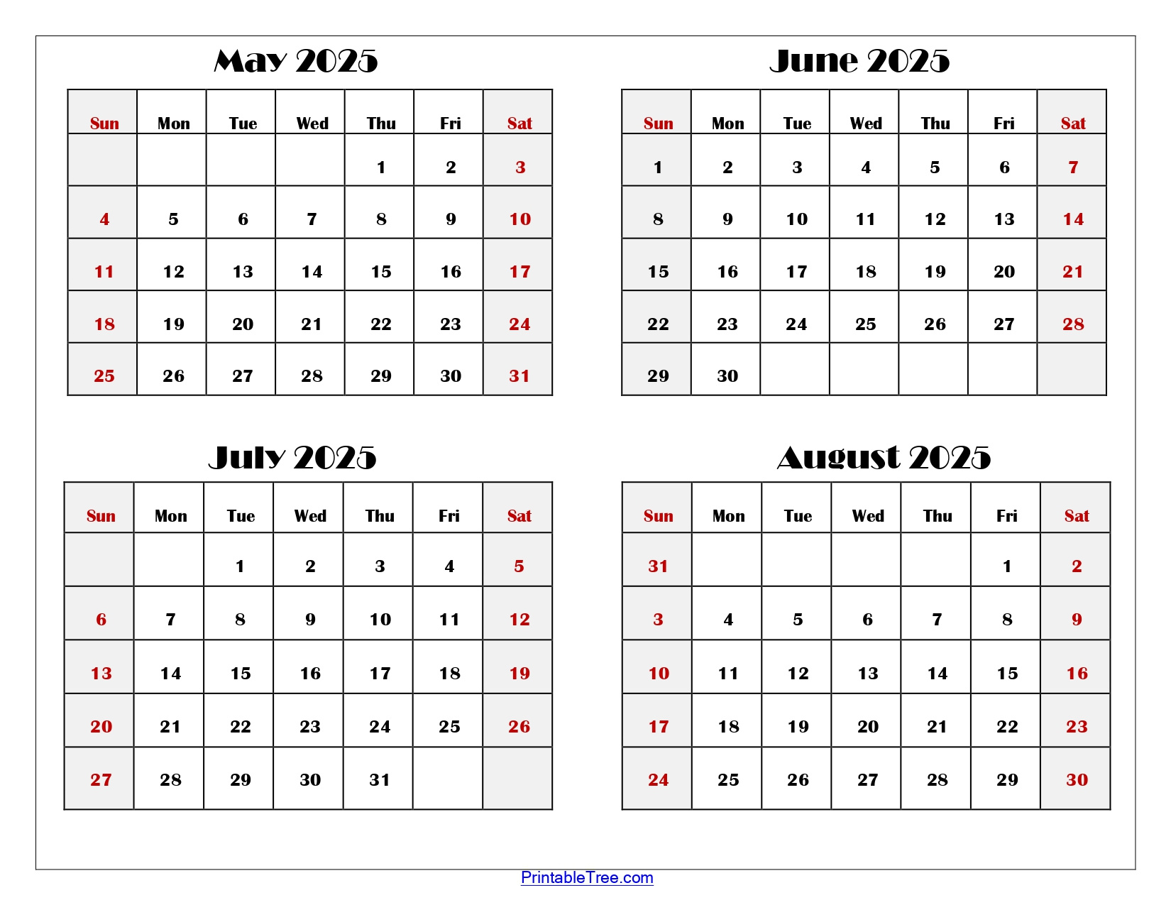 May To August 2025 Calendar Printable Pdf | Four Months Calendar within May August 2025 Calendar