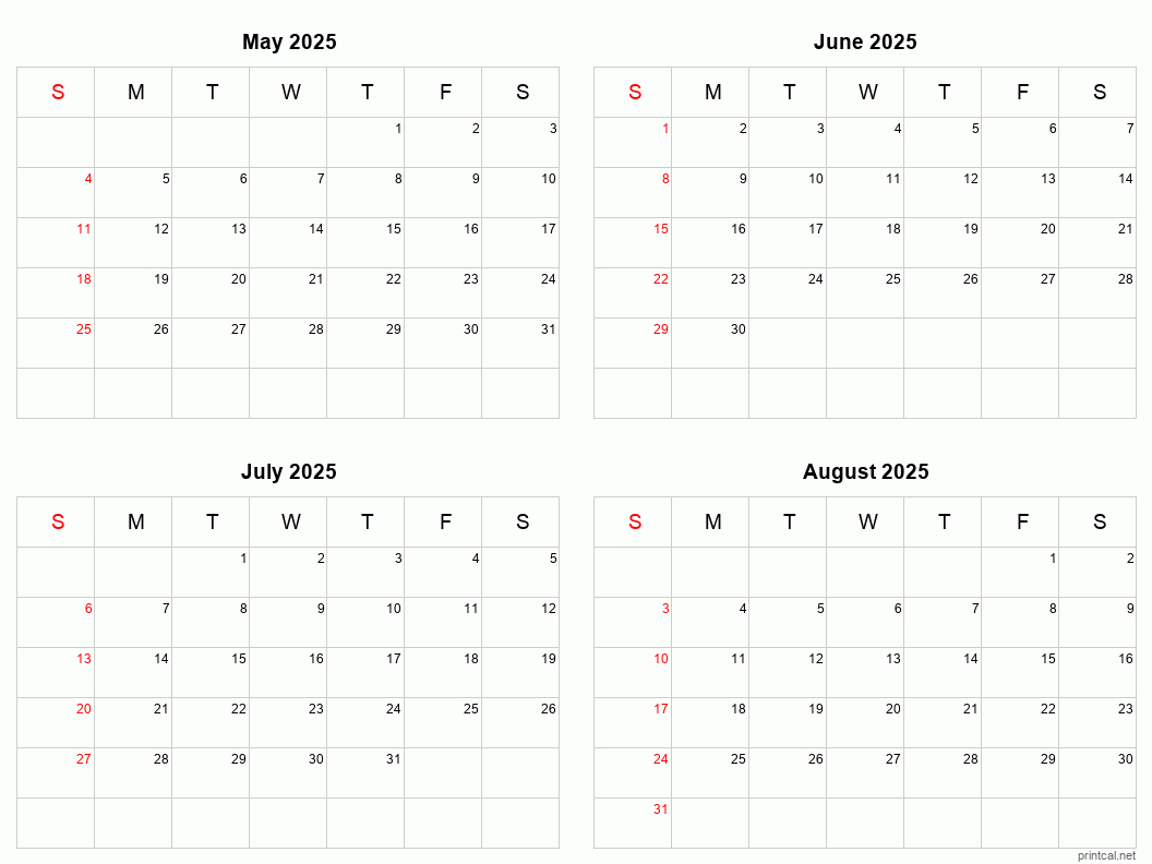 May To August 2025 Printable Calendar | Four Months Per Page inside May August 2025 Calendar