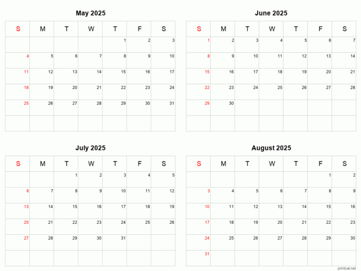 August 2025 to May 2025 Calendar