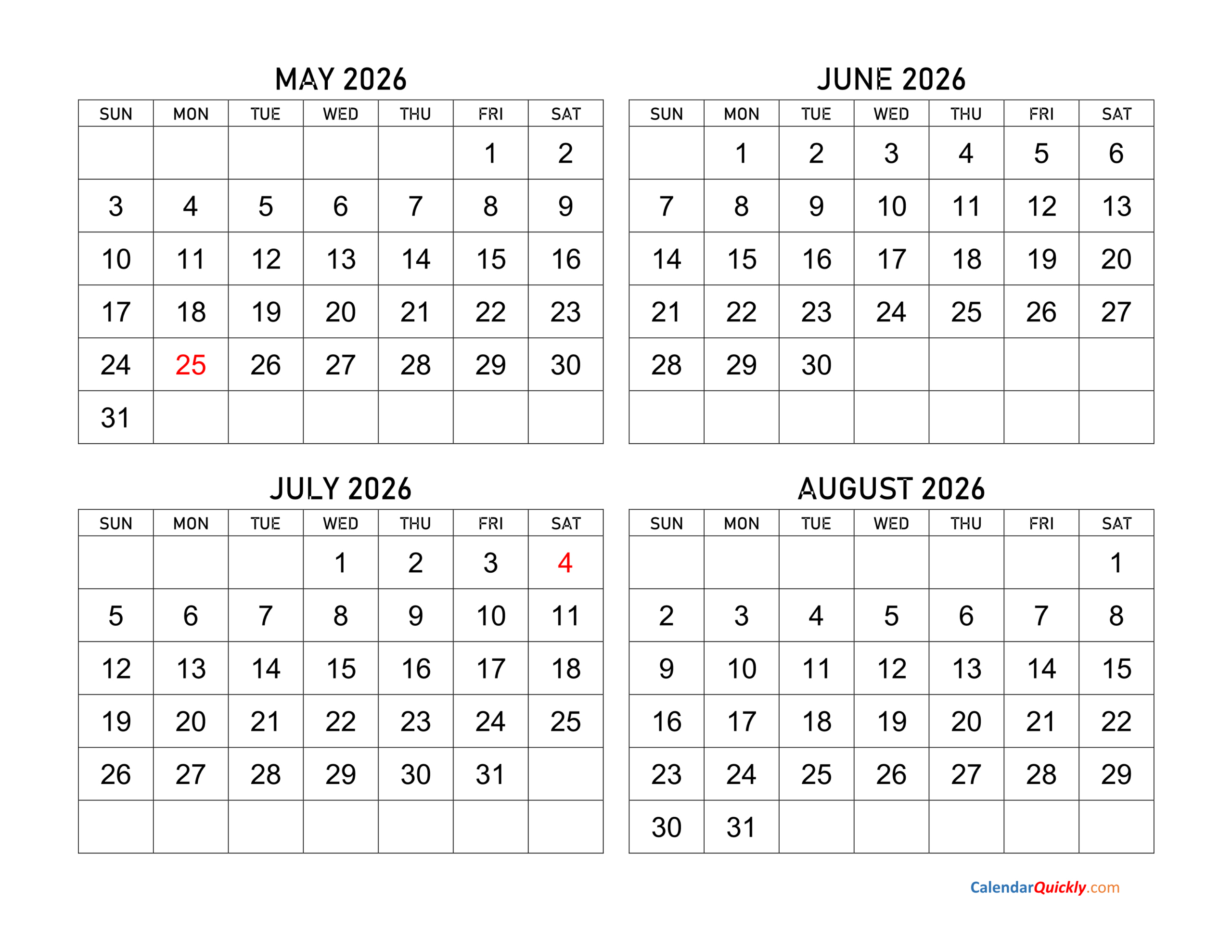 May To August 2026 Calendar | Calendar Quickly throughout August 2025 May 2026 Calendar