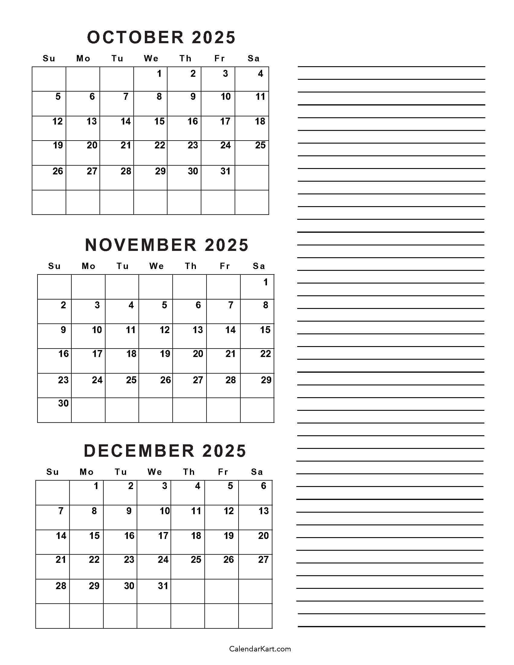 October To December 2025 Calendar (Q4) - Calendarkart for August September October November December 2025 Calendar